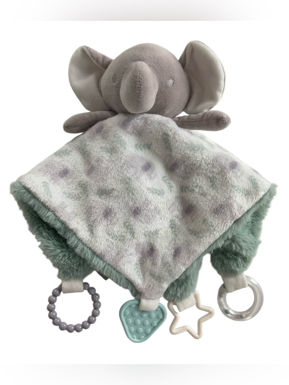 Dream Gro Gray Elephant 13” Lovey Security Blanket Rattle Teether Green White.